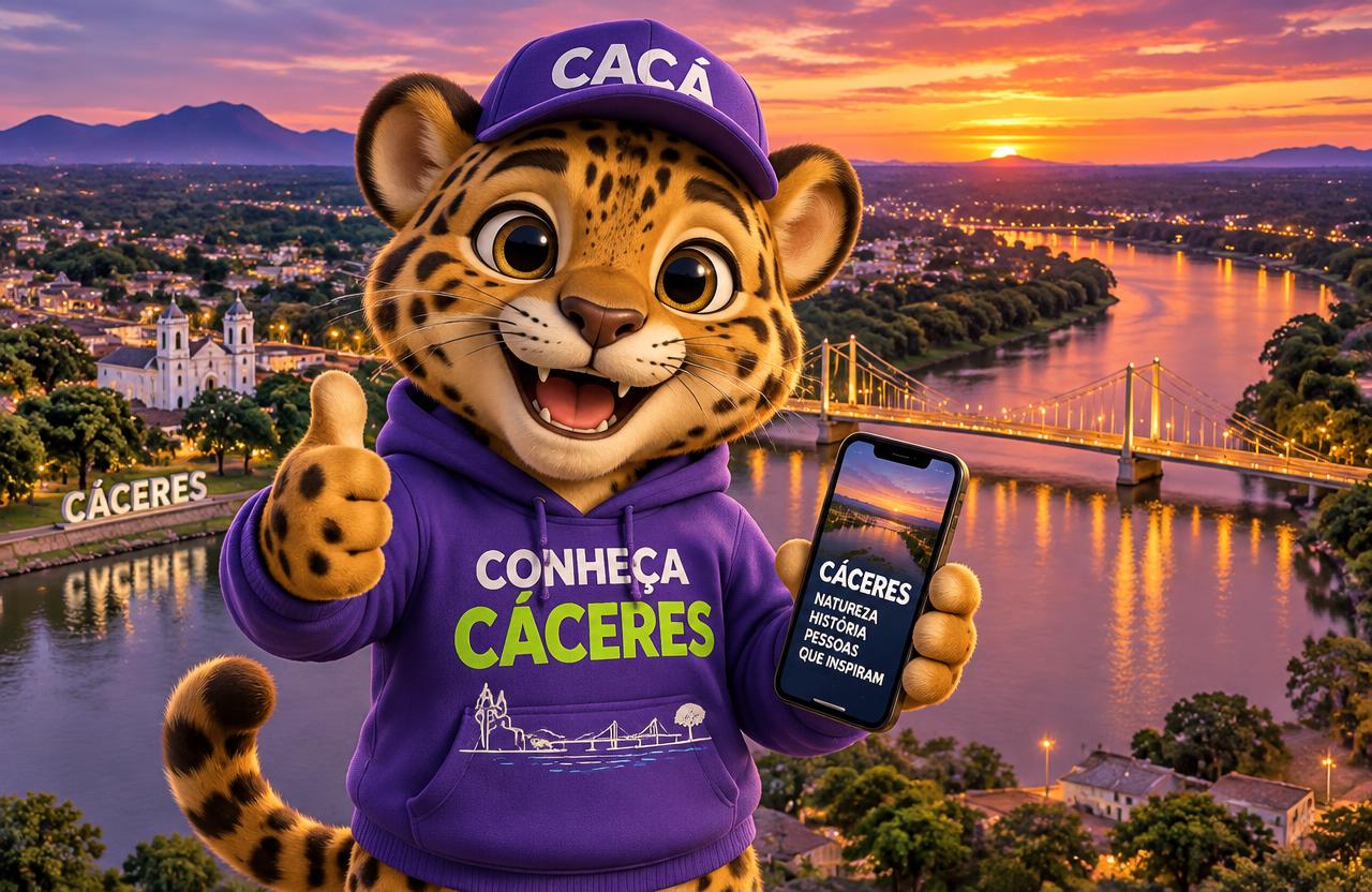 CACÁ, a onça mascote, em Cáceres ao pôr do sol